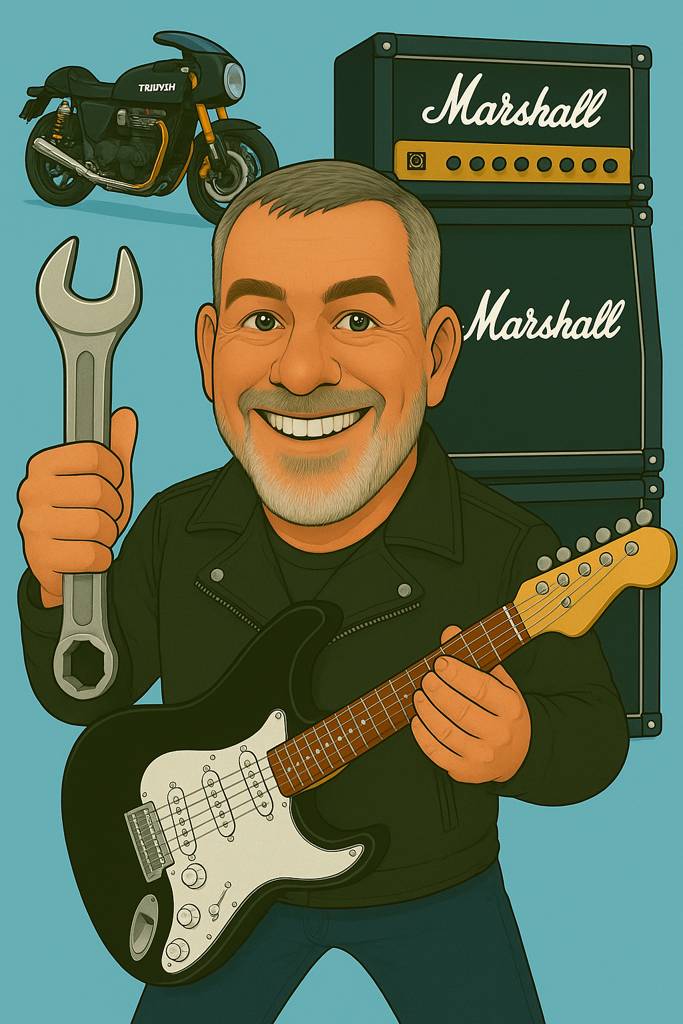 Dave - Owner and Head Technician with motorcycle and guitar
